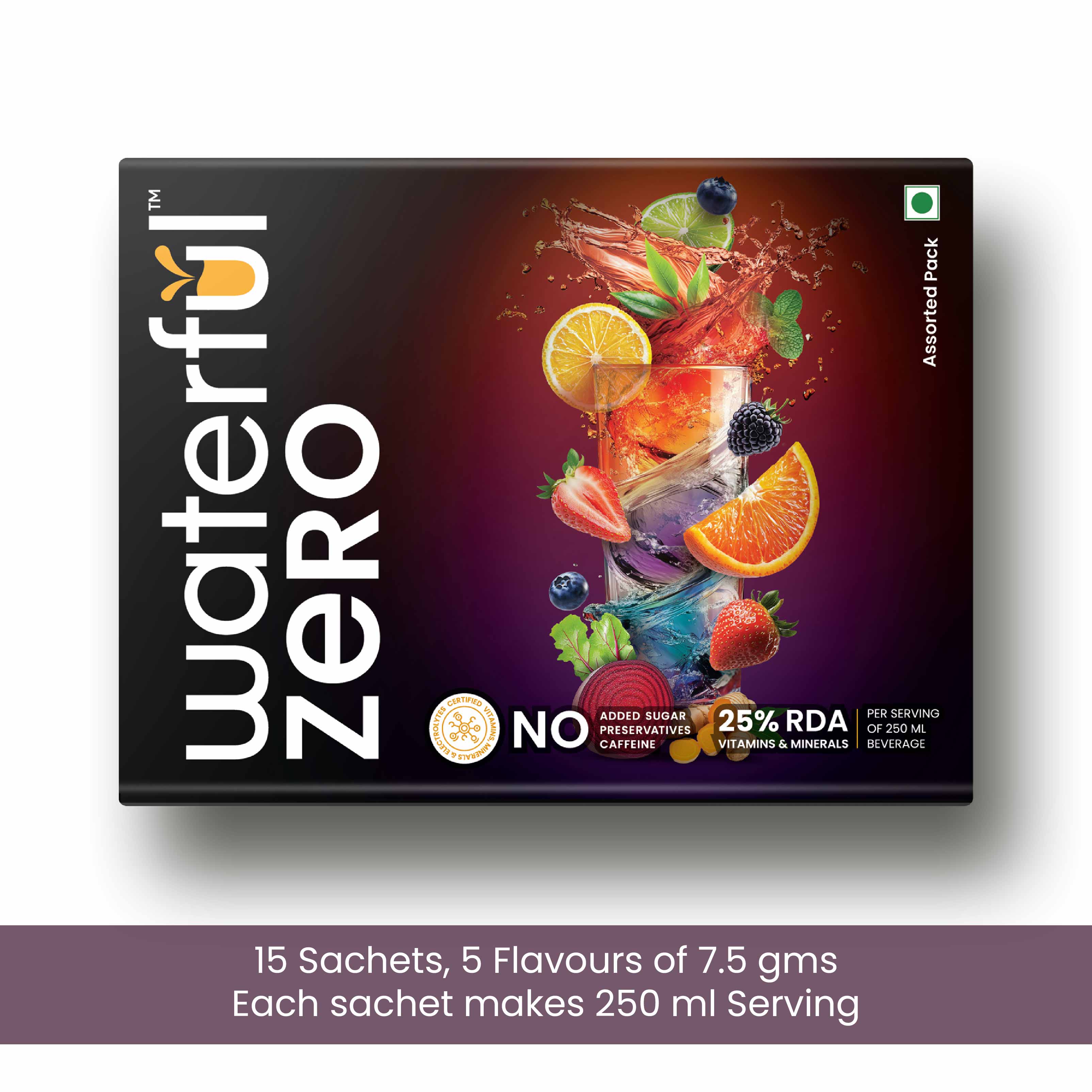 Assortment of five flavours  (5 flavours X 3 each of 7.5 gms = 15 sachets) Zero Added Sugar, 10+ Vitamins & Minerals, 3 Electrolytes Clean Daily Hydration Mix
