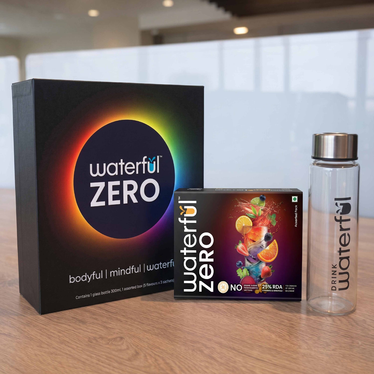 Waterful Zero – Festive Gift Box (300 ml Reusable Glass Bottle + Assorted Hydration Pack)